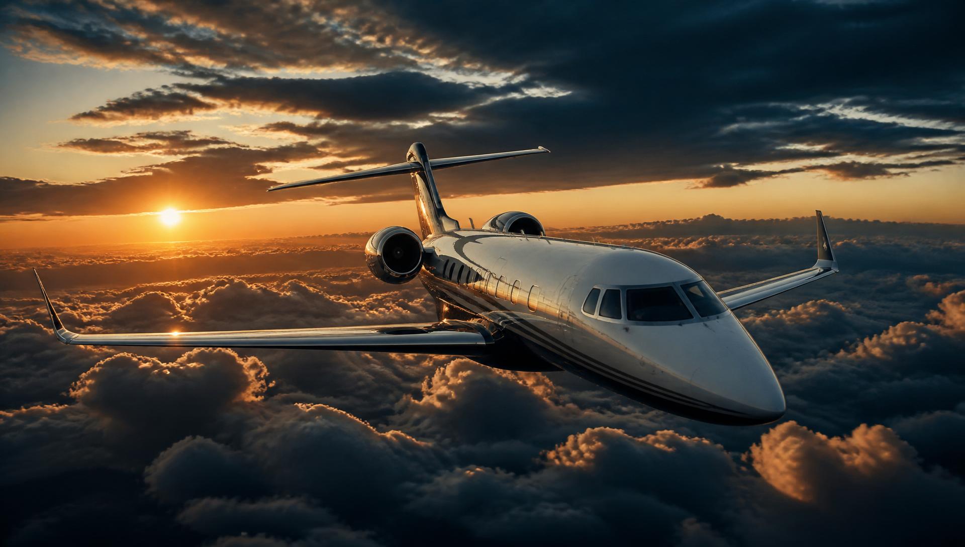 Private jet flying above golden clouds